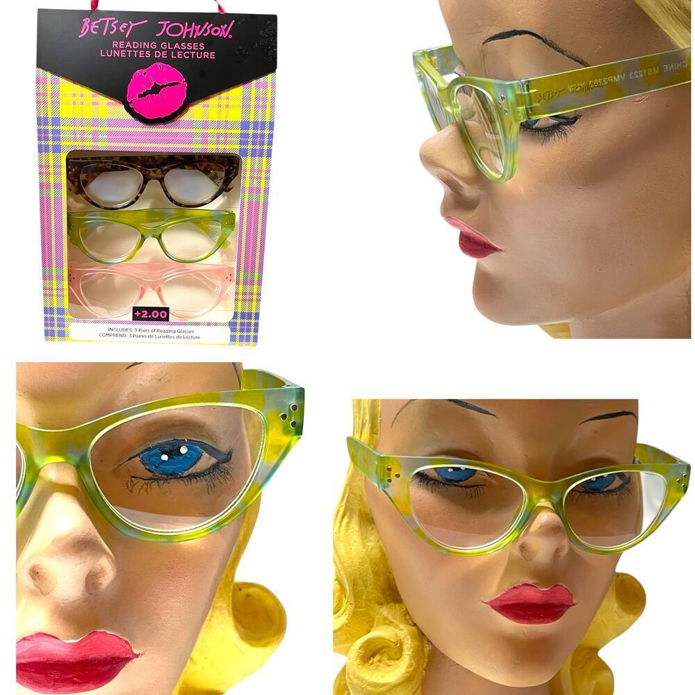 Betsey Johnson +2.00 Reading Glasses Readers 3 Pack Set Pink Green Multicolor - Picture 5 of 9